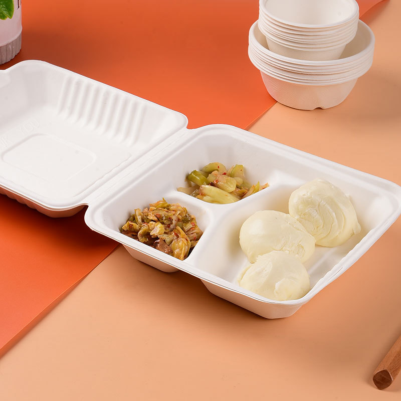 Bagasse Hinged Lunch Container with 3 Compartments